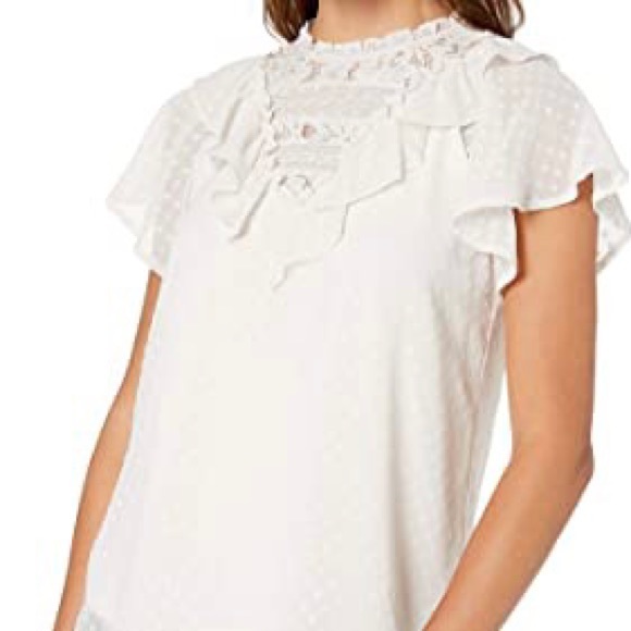 NWOT KENSIE SHORT SKEEVE “Swiss Dot” IVORY CHIFFON LACE RUFFLE BLOUSE Sz M - Picture 3 of 9